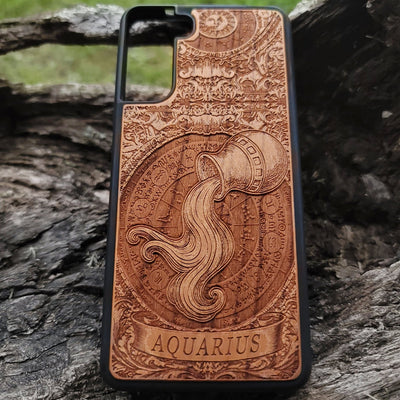 Custom wood phone case featuring Aquarius star sign