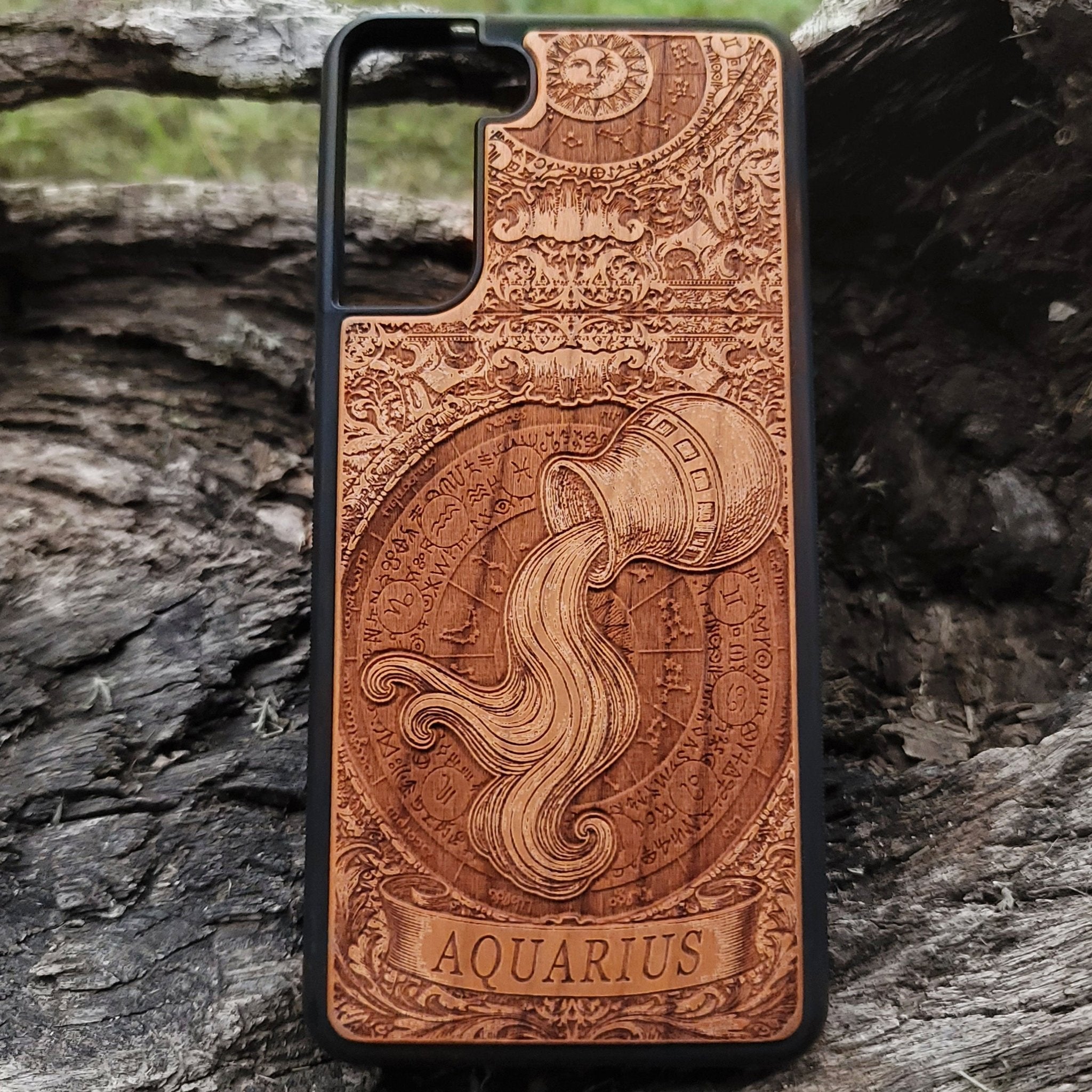 Engraved Aquarius zodiac phone case with wood finish
