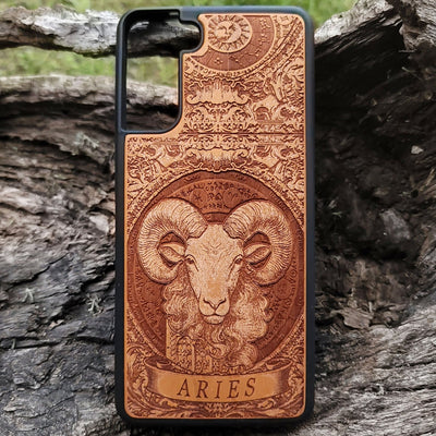 Aries zodiac sign engraved on wooden phone case