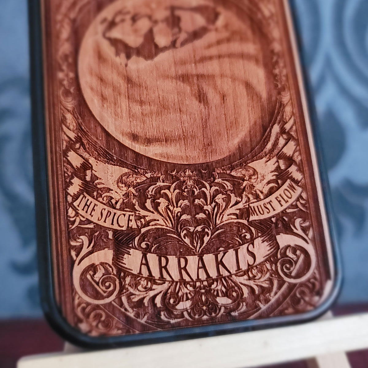 Natural cherrywood phone case with Arrakis desert planet engraving