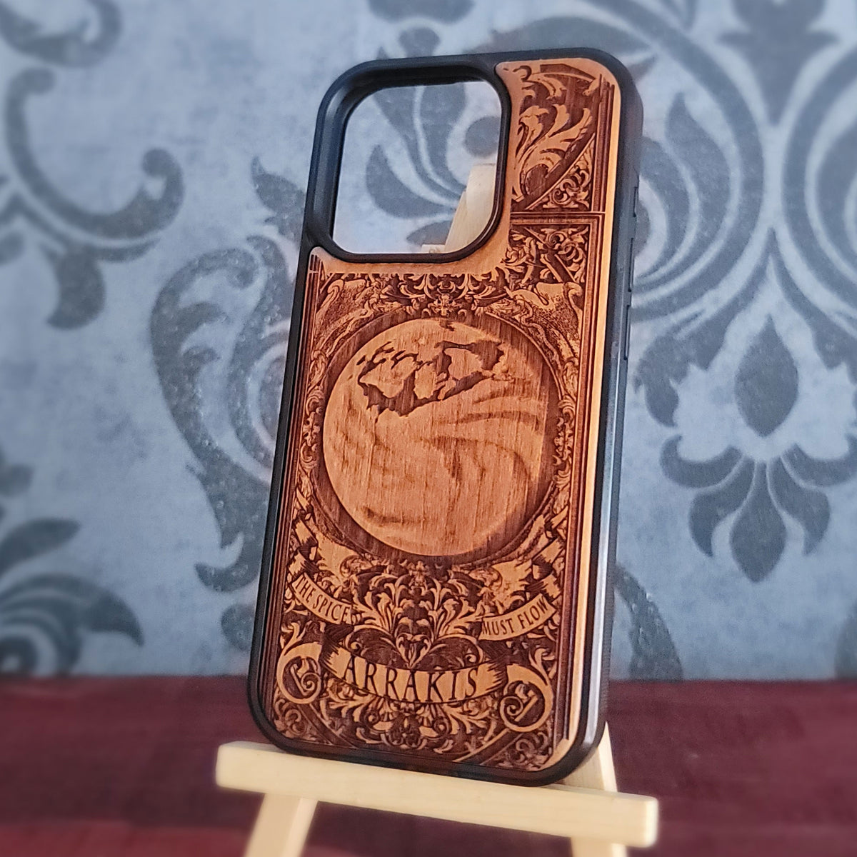 Arrakis inspired wooden phone case with detailed desert and mountain artwork