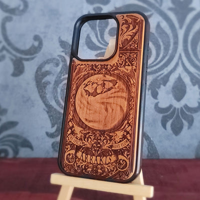 Arrakis inspired wooden phone case with detailed desert and mountain artwork