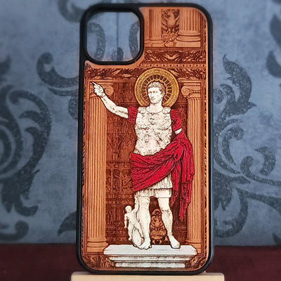 AUGUSTUS roman emperor wood phone case laser engraved and hand painted