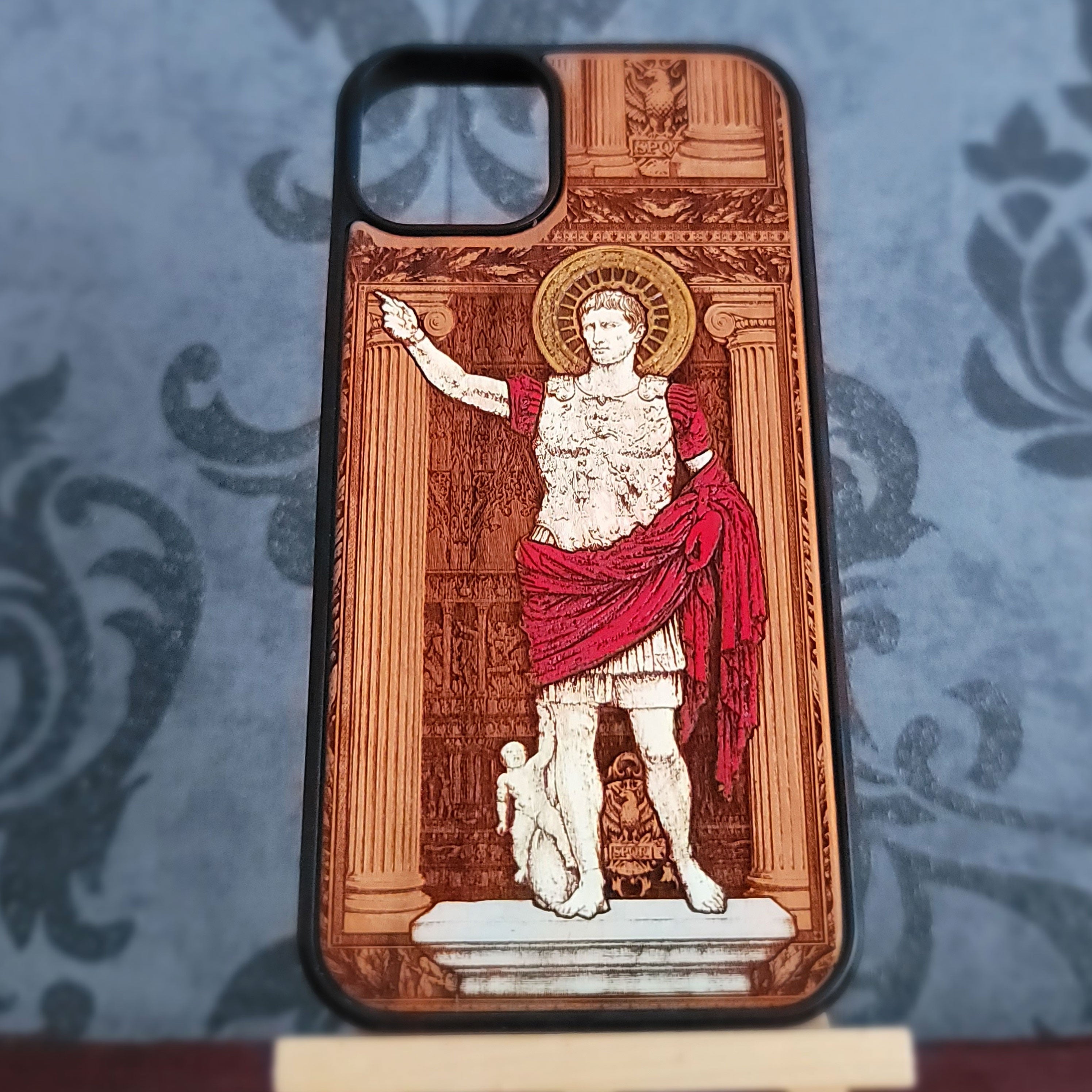 AUGUSTUS roman emperor wood phone case laser engraved and hand painted