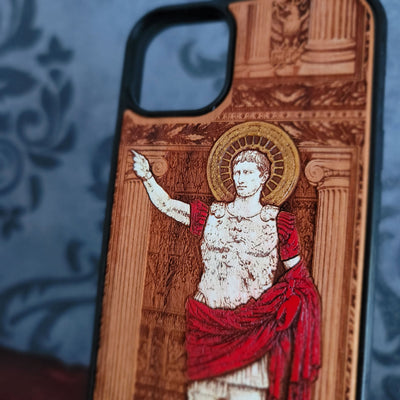 AUGUSTUS roman emperor wood phone case laser engraved and hand painted