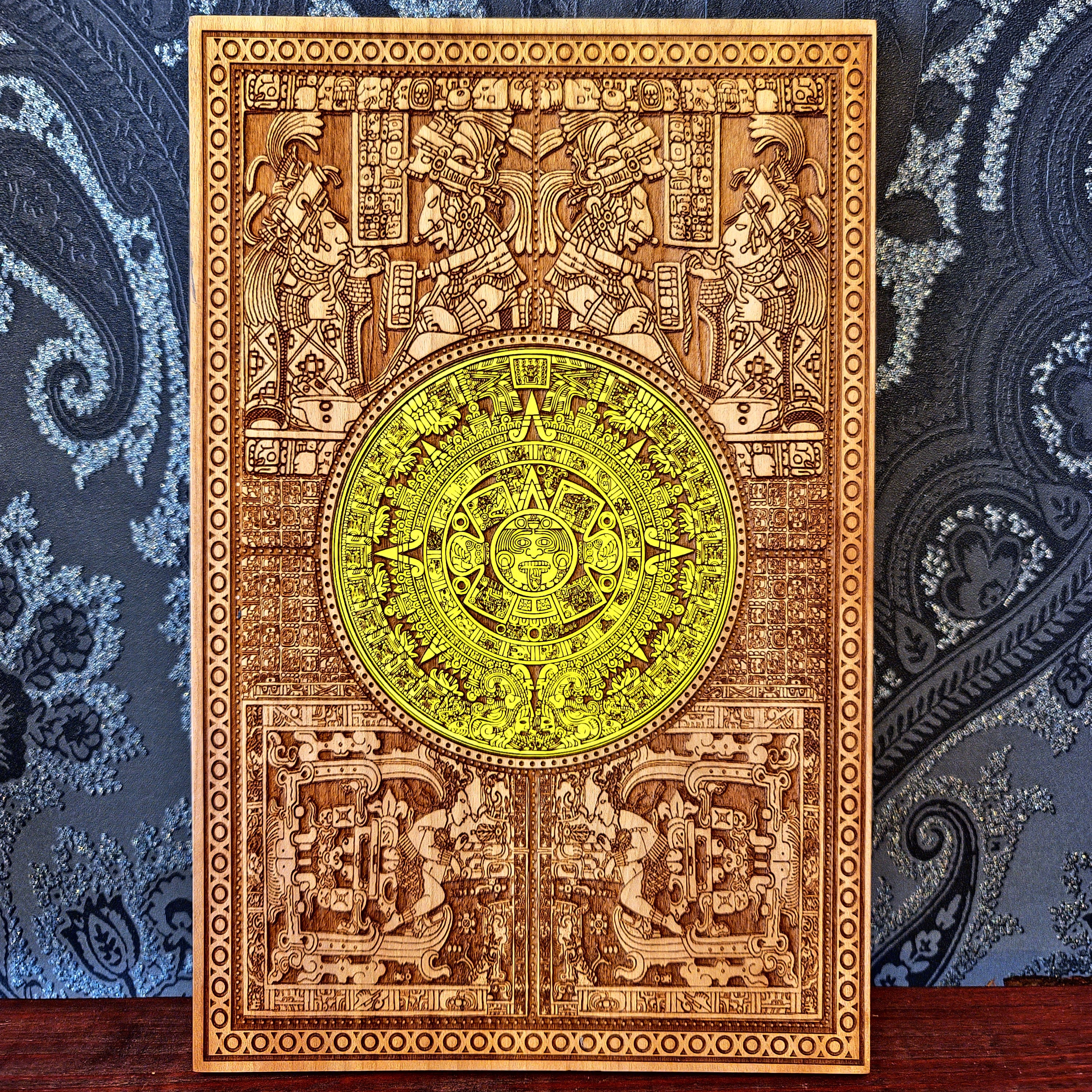 aztec calendar wood engraved panel