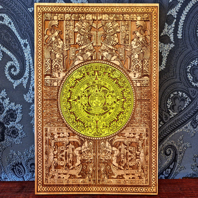 aztec calendar wood engraved panel