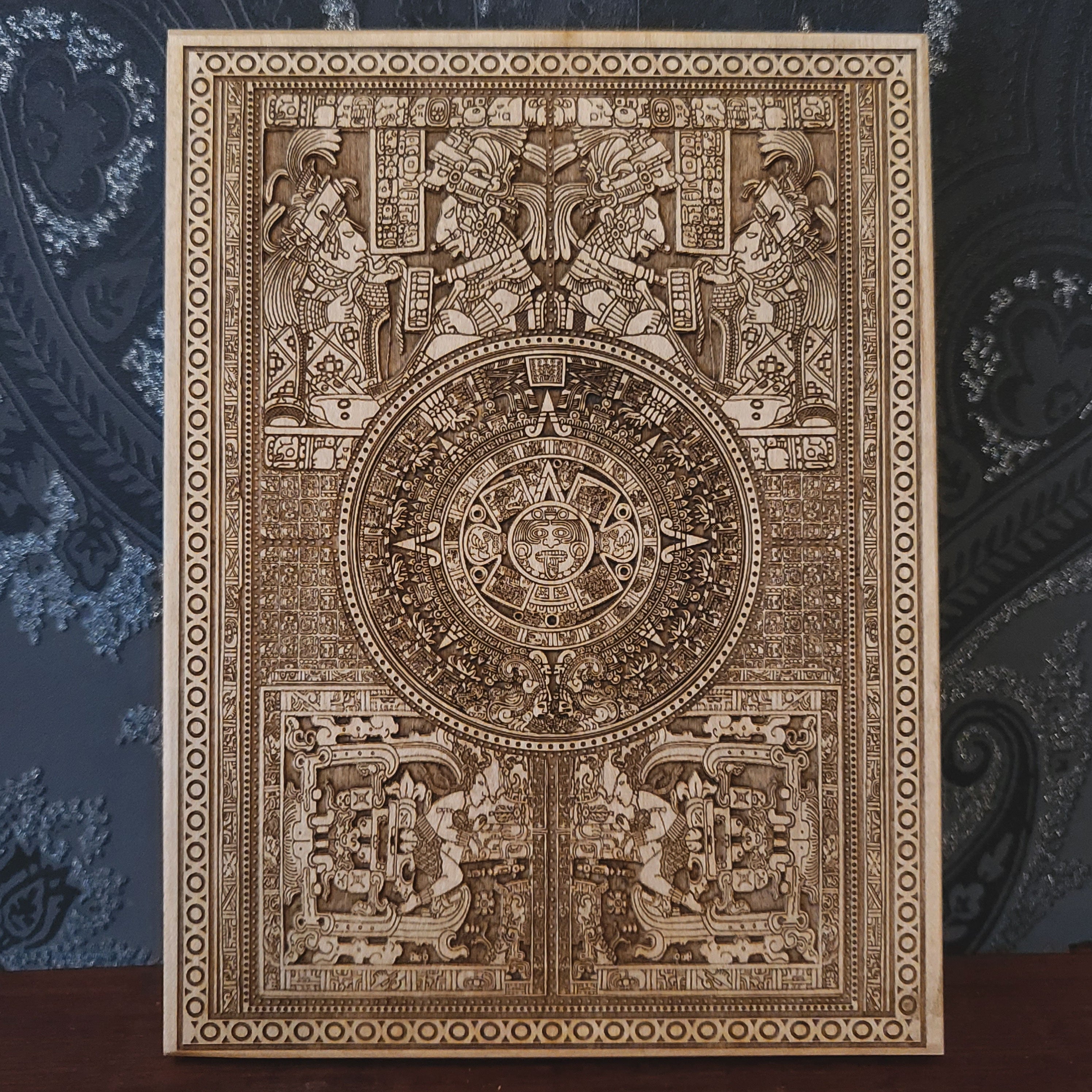 aztec calendar wall art engraved on wood