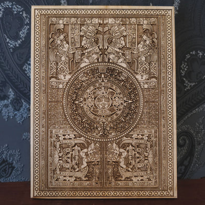 aztec calendar wall art engraved on wood