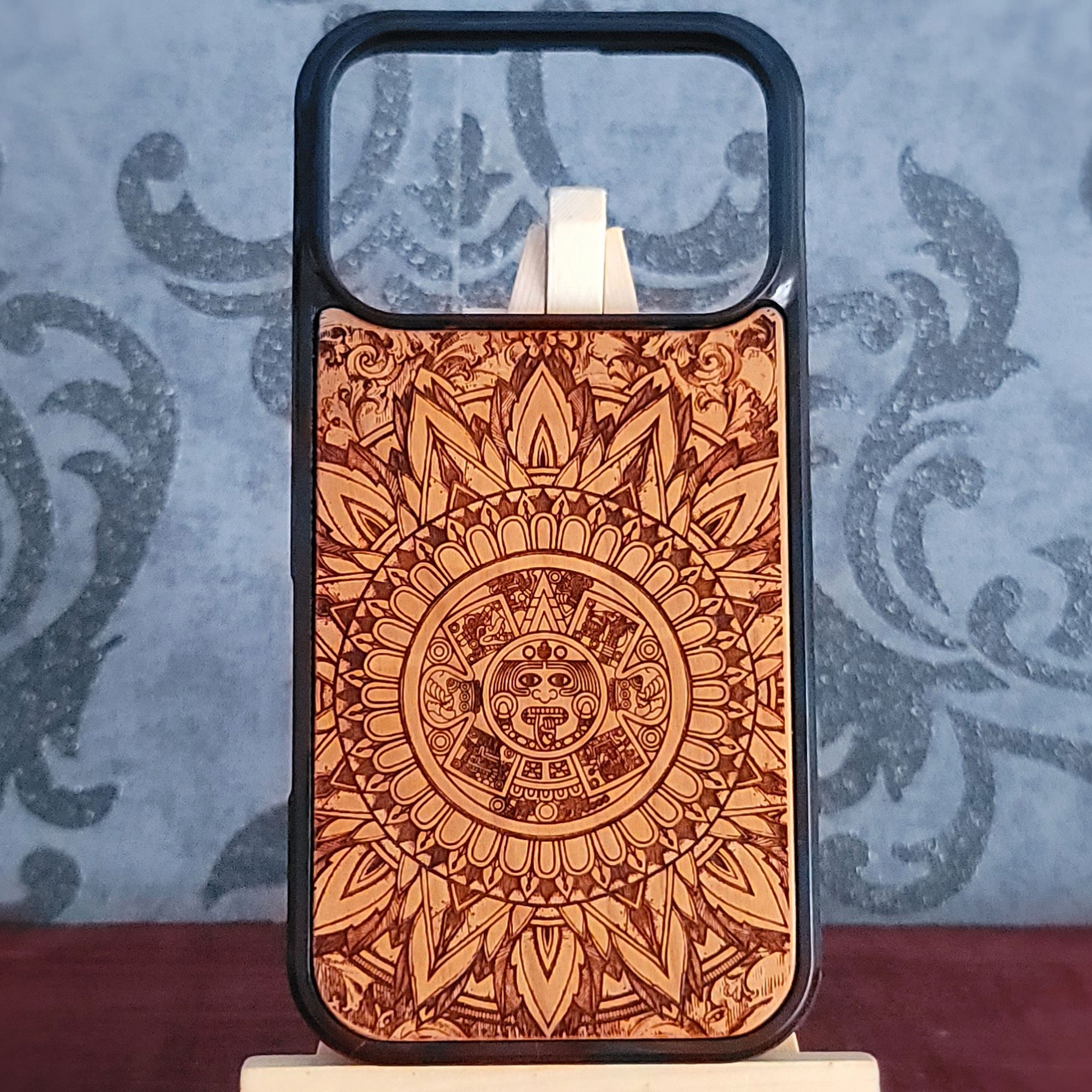 Aztec calendar wood phone case with laser engraved sun stone and geometric Mexican art for iPhone and Samsung Galaxy