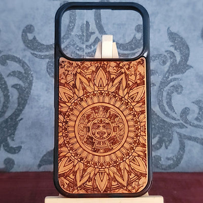 Aztec calendar wood phone case with laser engraved sun stone and geometric Mexican art for iPhone and Samsung Galaxy