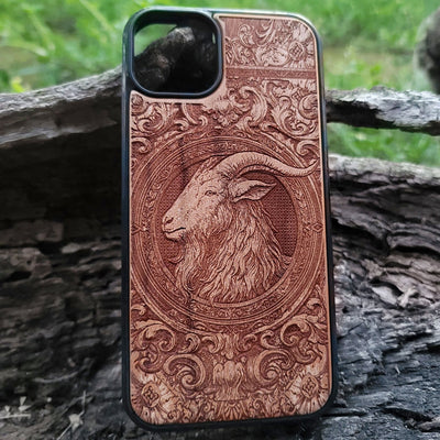 Gothic goat engraving phone case wood Galaxy S24 iPhone