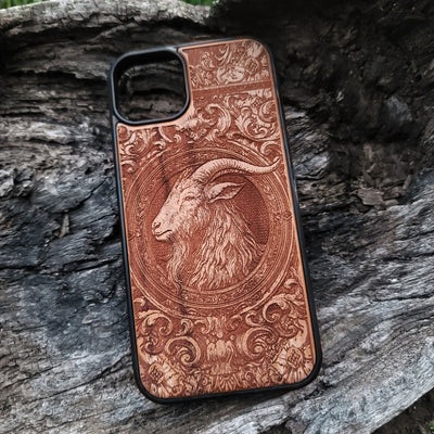 Occult goat head wood case iPhone  laser engraved