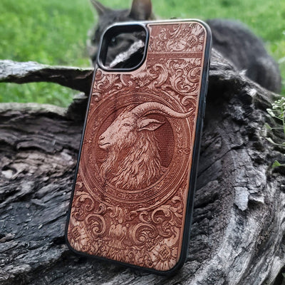 Handcrafted goat wood phone case iPhone Galaxy occult art