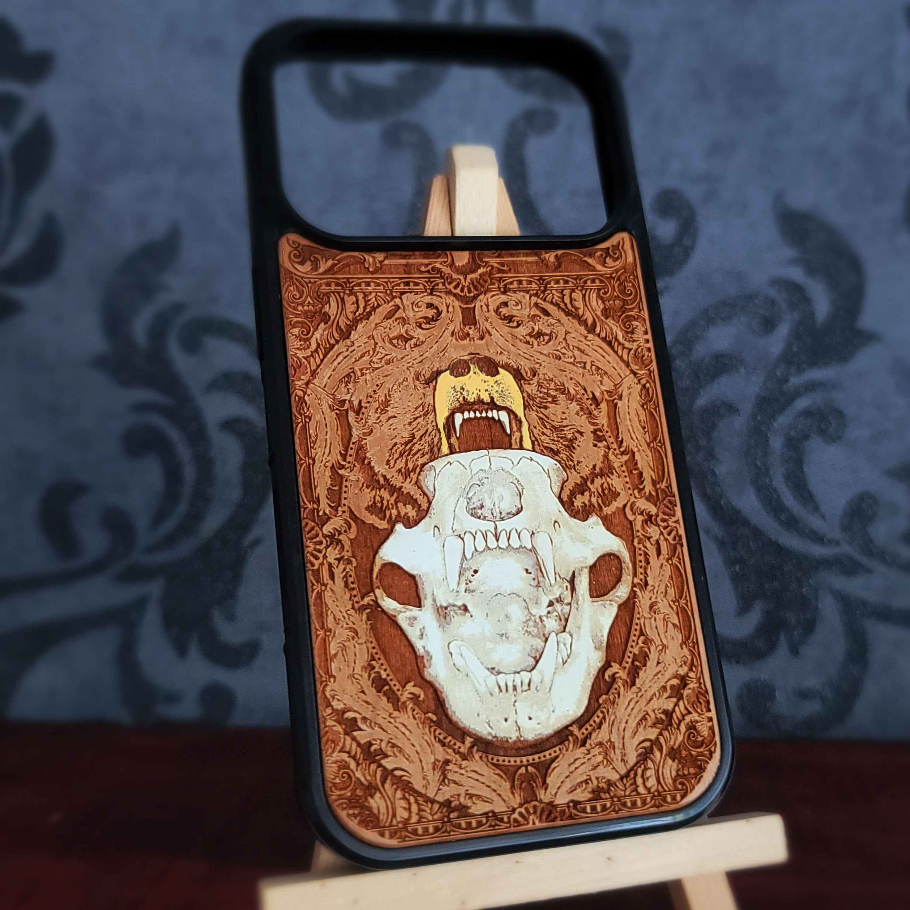 Bear Skull - Wood Phone Case -  Hand Painted
