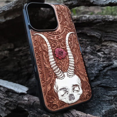 Beelzebub-inspired gothic artwork engraved on a white wooden phone case, compatible with iPhone  and Samsung Galaxy S.