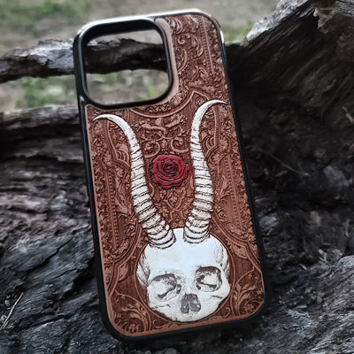 Beelzebub-inspired gothic artwork engraved on a white wooden phone case, compatible with iPhone  and Samsung Galaxy S.