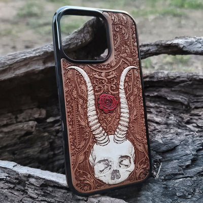 Beelzebub-inspired gothic artwork engraved on a white wooden phone case, compatible with iPhone  and Samsung Galaxy S.