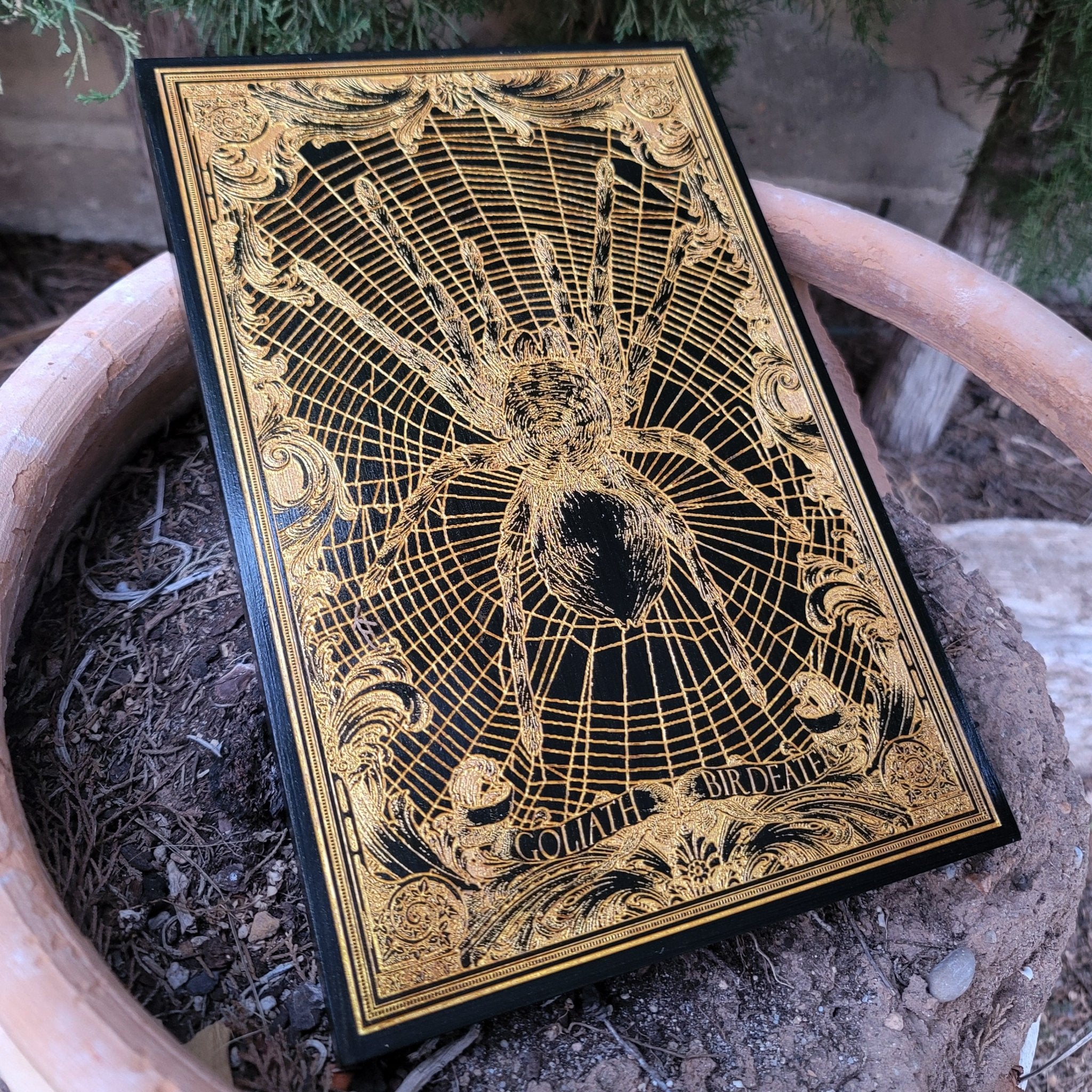 Laser-engraved Goliath spider design on black-stained wood panel.