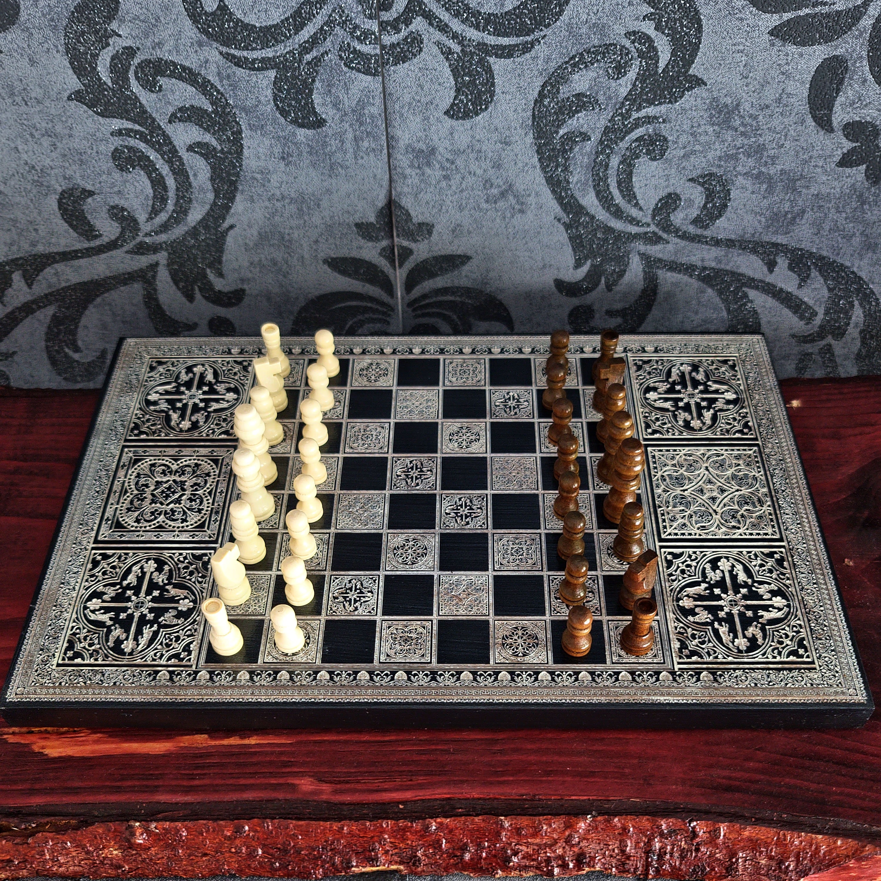 Black & Silver Chess Board Wood - A4 Size