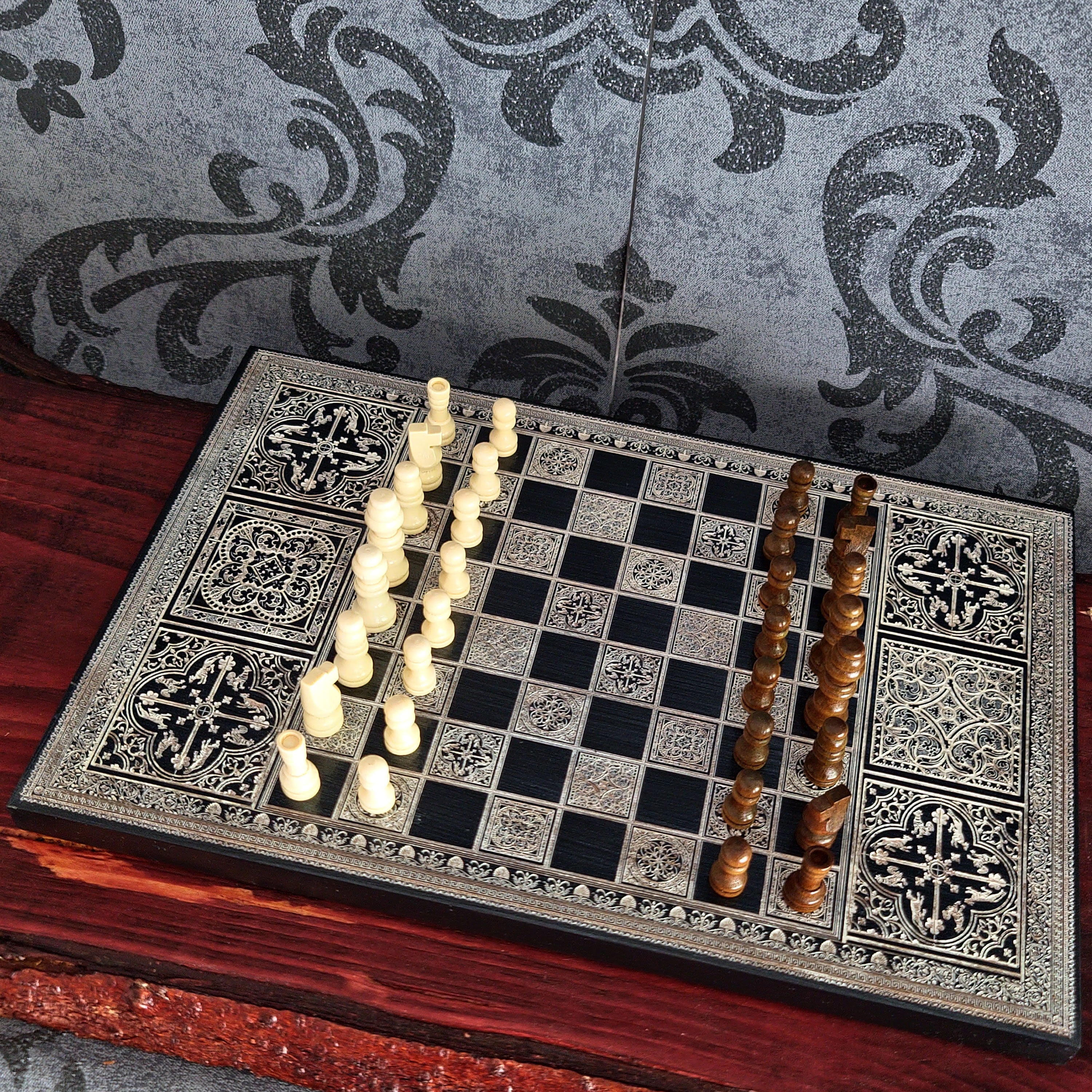Black & Silver Chess Board Wood - A4 Size