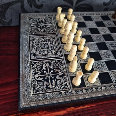 Black & Silver Chess Board Wood - A4 Size