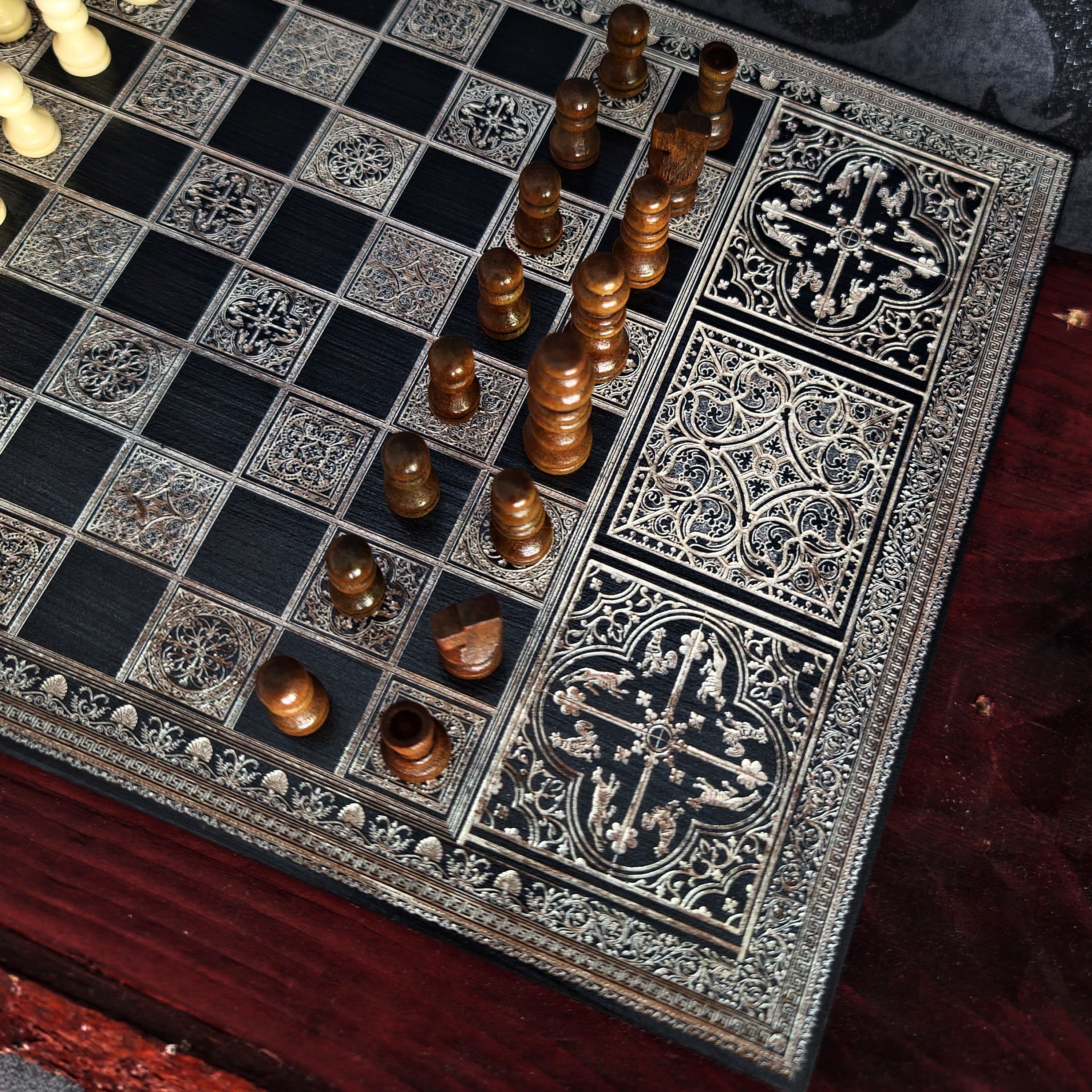 Black & Silver Chess Board Wood - A4 Size