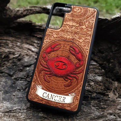 Unique wooden phone case with Cancer zodiac sign artwork