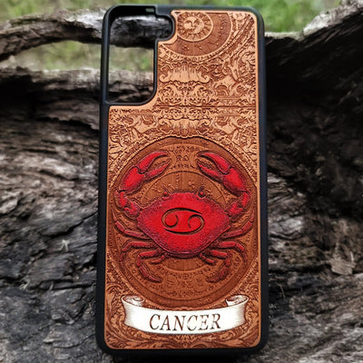 Cancer zodiac wood phone case with hand-painted constellation