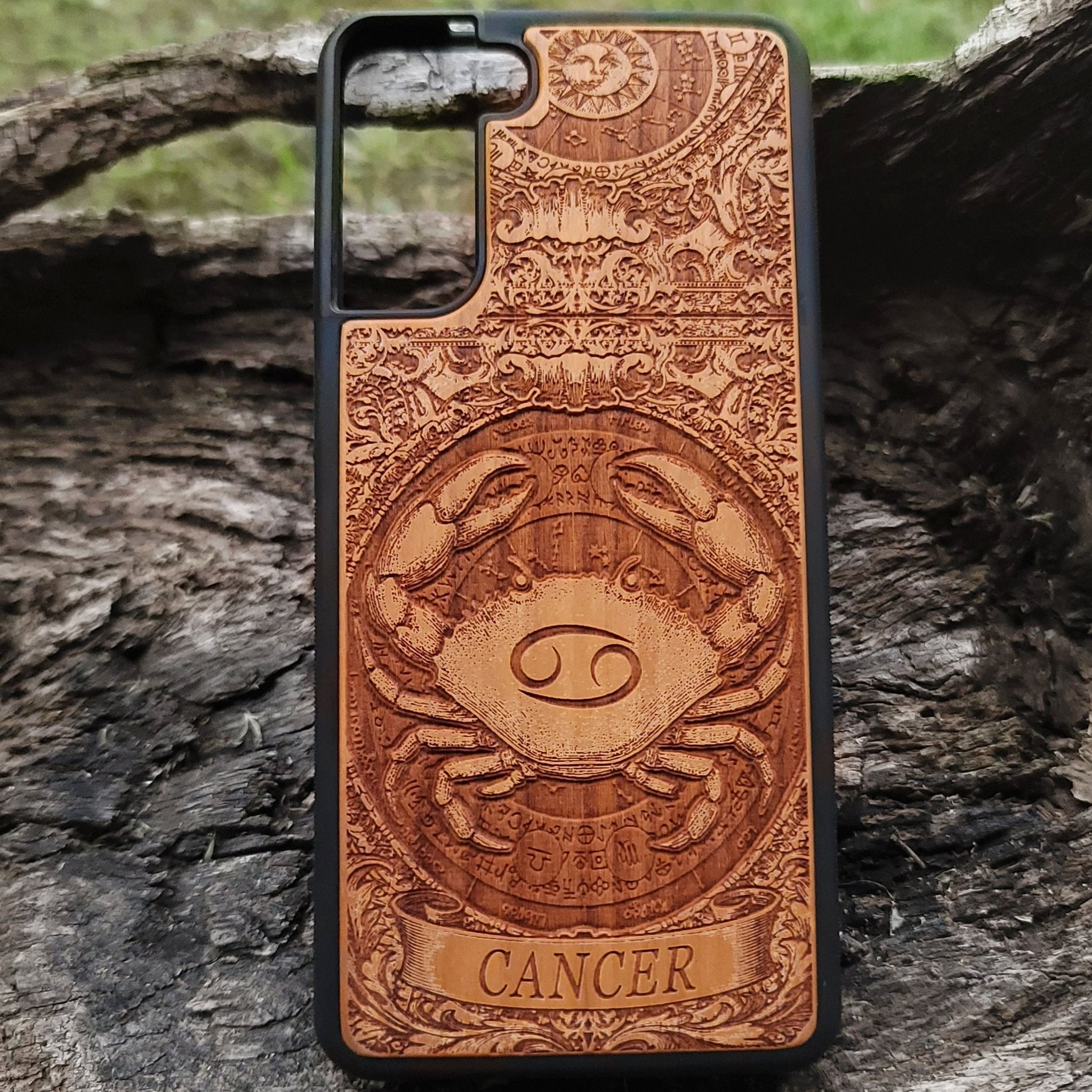 Celestial Cancer zodiac sign engraved on wood phone case