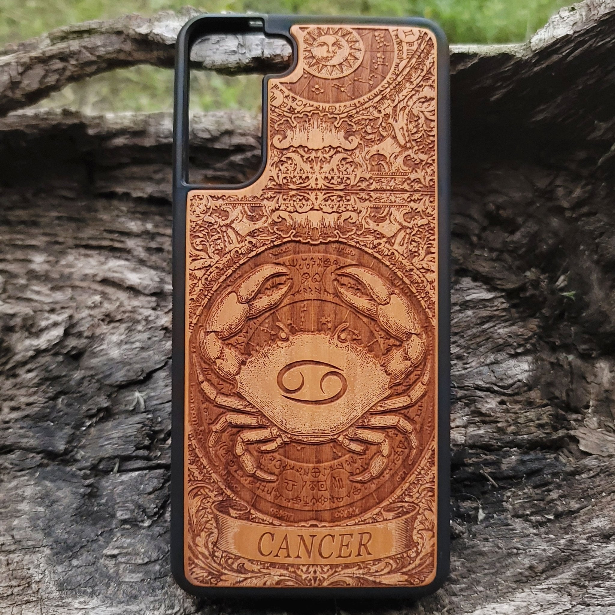 Engraved Cancer zodiac wood phone case with astrology design