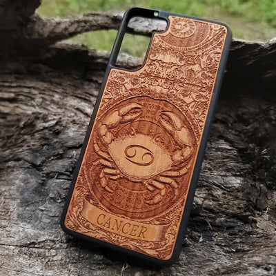 Handcrafted Cancer star sign phone cover in natural wood