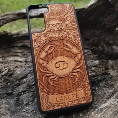 Unique horoscope wood case featuring the Cancer symbol