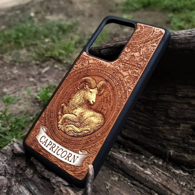 Unique Capricorn zodiac art phone case handmade in wood