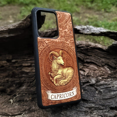 Horoscope wood phone case with Capricorn goat symbol