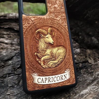 Custom engraved Capricorn wood phone case with horoscope design