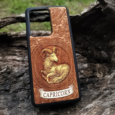 Handcrafted Capricorn star sign phone case with natural finish