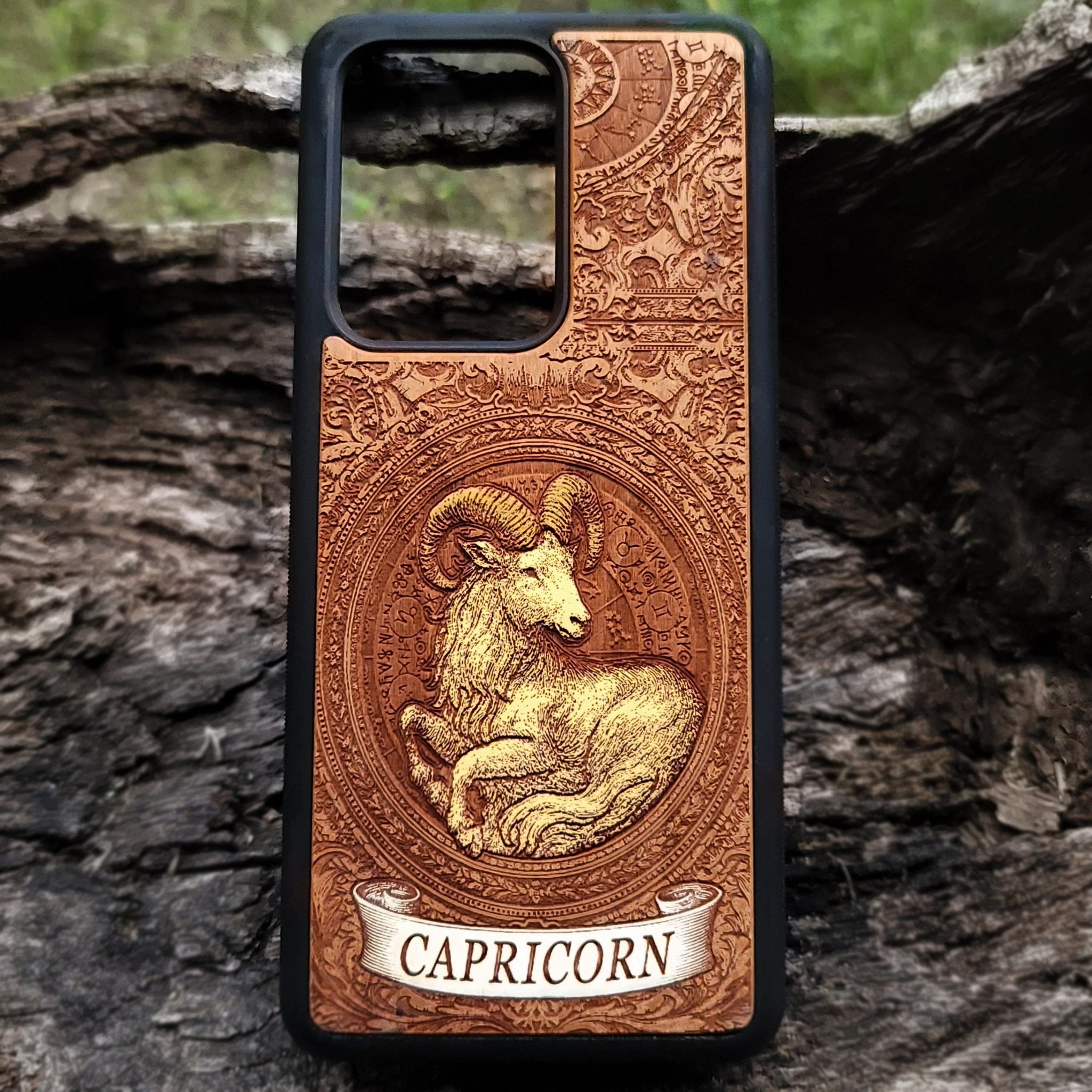 Capricorn zodiac wood phone case with engraved star sign design