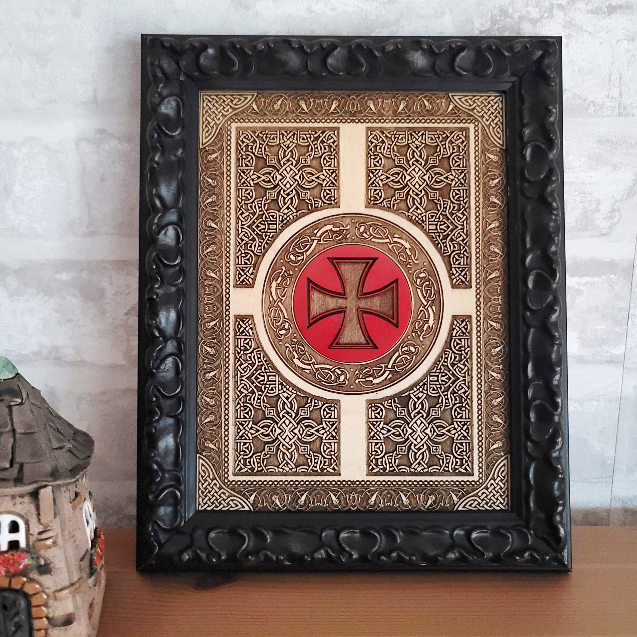 Personalized Celtic wood artwork featuring detailed engraved patterns