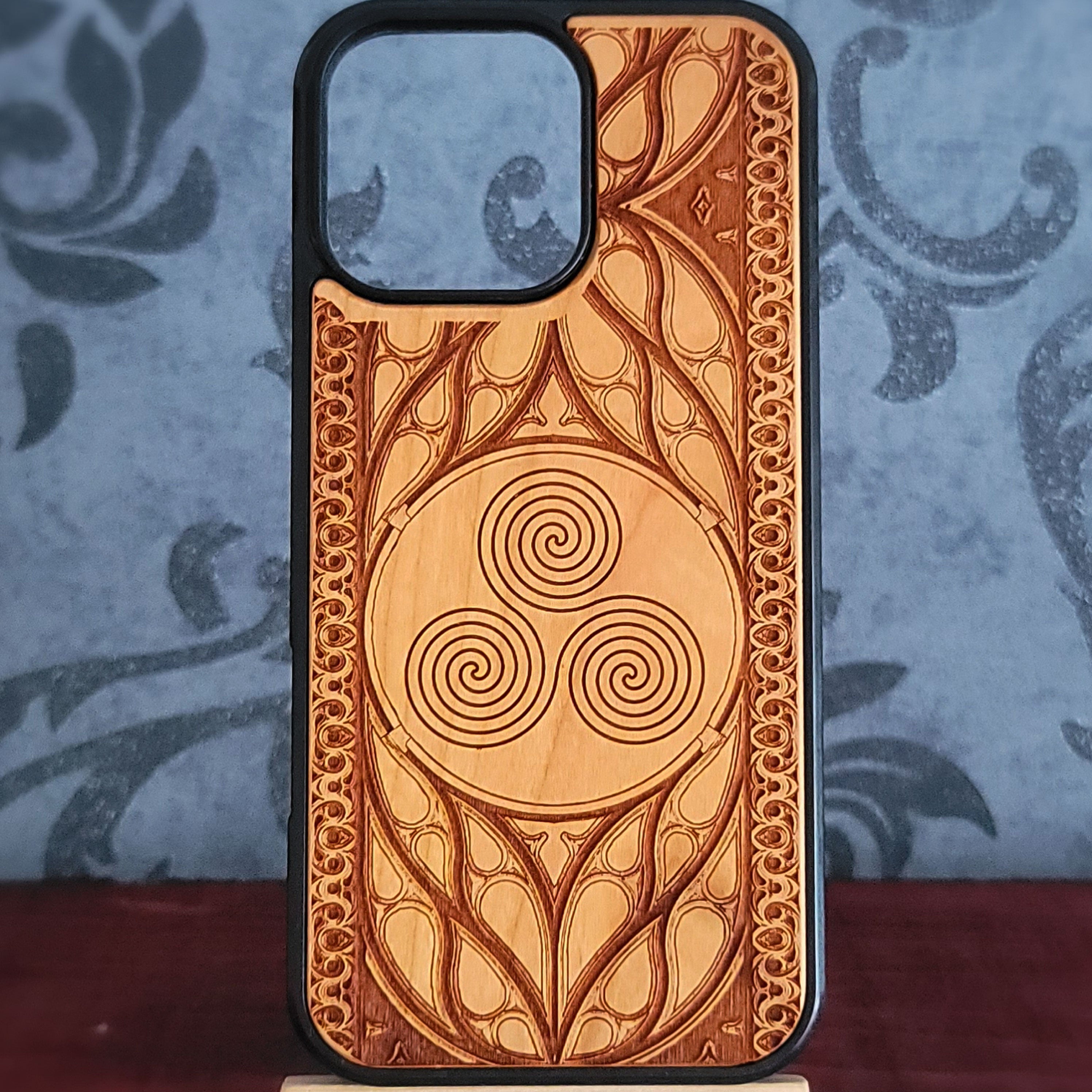 iPhone & Samsung Galaxy Wood Phone Case -Artwork "Triskelion Celtic Spiral"