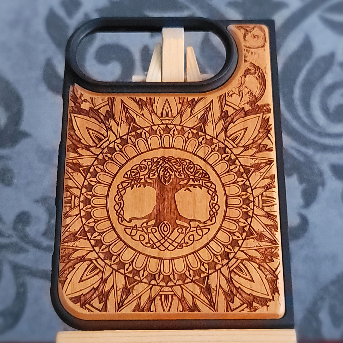 Tree of Life wood phone case with Celtic knotwork and detailed mandala engraving