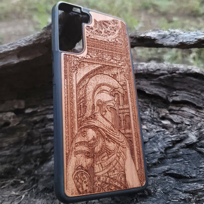 Engraved Roman centurion wood phone case – fits iPhone , Galaxy S – historical warrior design