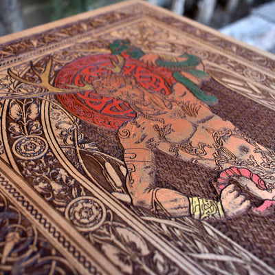 Gothic engraved wood art – gothic art, engraved wood, dark fantasy, skeleton design, artisan crafted