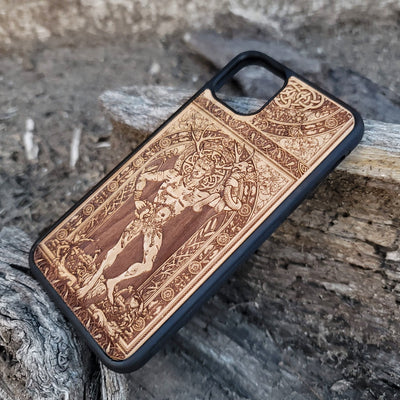 Wooden phone case featuring a detailed engraving of Cernunnos God, with Celtic-inspired design, compatible with iPhone , iPhone 15, Galaxy S, Note 20, and other models. Perfect for fans of gothic and Celtic art.