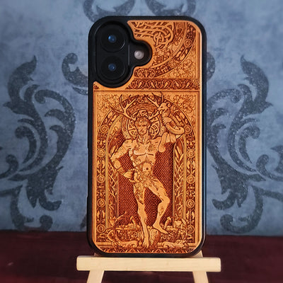 Wooden phone case featuring a detailed engraving of Cernunnos God, with Celtic-inspired design, compatible with iPhone and Galaxy 