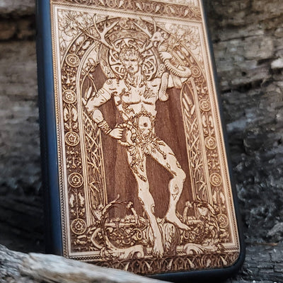 Wooden phone case featuring a detailed engraving of Cernunnos God, with Celtic-inspired design, compatible with iPhone , iPhone 15, Galaxy S, Note 20, and other models. Perfect for fans of gothic and Celtic art.