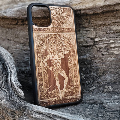 Wooden phone case featuring a detailed engraving of Cernunnos God, with Celtic-inspired design, compatible with iPhone , iPhone 15, Galaxy S, Note 20, and other models. Perfect for fans of gothic and Celtic art.