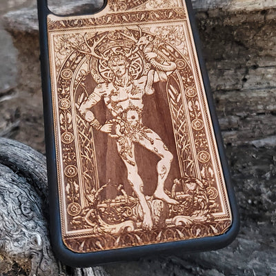 Wooden phone case featuring a detailed engraving of Cernunnos God, with Celtic-inspired design, compatible with iPhone , iPhone 15, Galaxy S, Note 20, and other models. Perfect for fans of gothic and Celtic art.