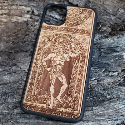 Wooden phone case featuring a detailed engraving of Cernunnos God, with Celtic-inspired design, compatible with iPhone , iPhone 15, Galaxy S, Note 20, and other models. Perfect for fans of gothic and Celtic art.