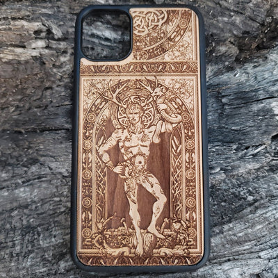Wooden phone case featuring a detailed engraving of Cernunnos God, with Celtic-inspired design, compatible with iPhone , iPhone 15, Galaxy S, Note 20, and other models. Perfect for fans of gothic and Celtic art.